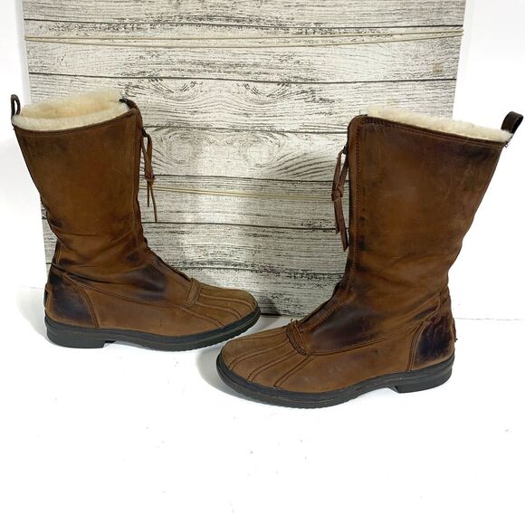 UGG Arquette Brown Leather Winter Boots Womens Size 7 EUR 38  Zip Sheepskin - Picture 1 of 9